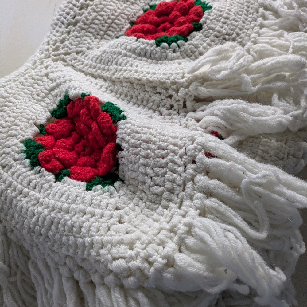 Crochet Afghan Blanket with Red and Green Floral Design